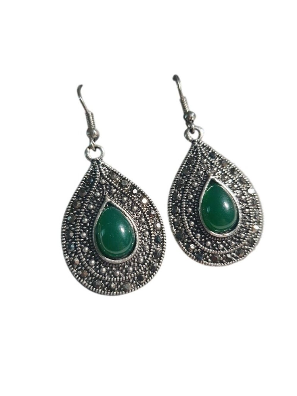 Green Rhinestone Tear Drop Dangle Hook Earrings Silver Tone Bali Boho Core Gift